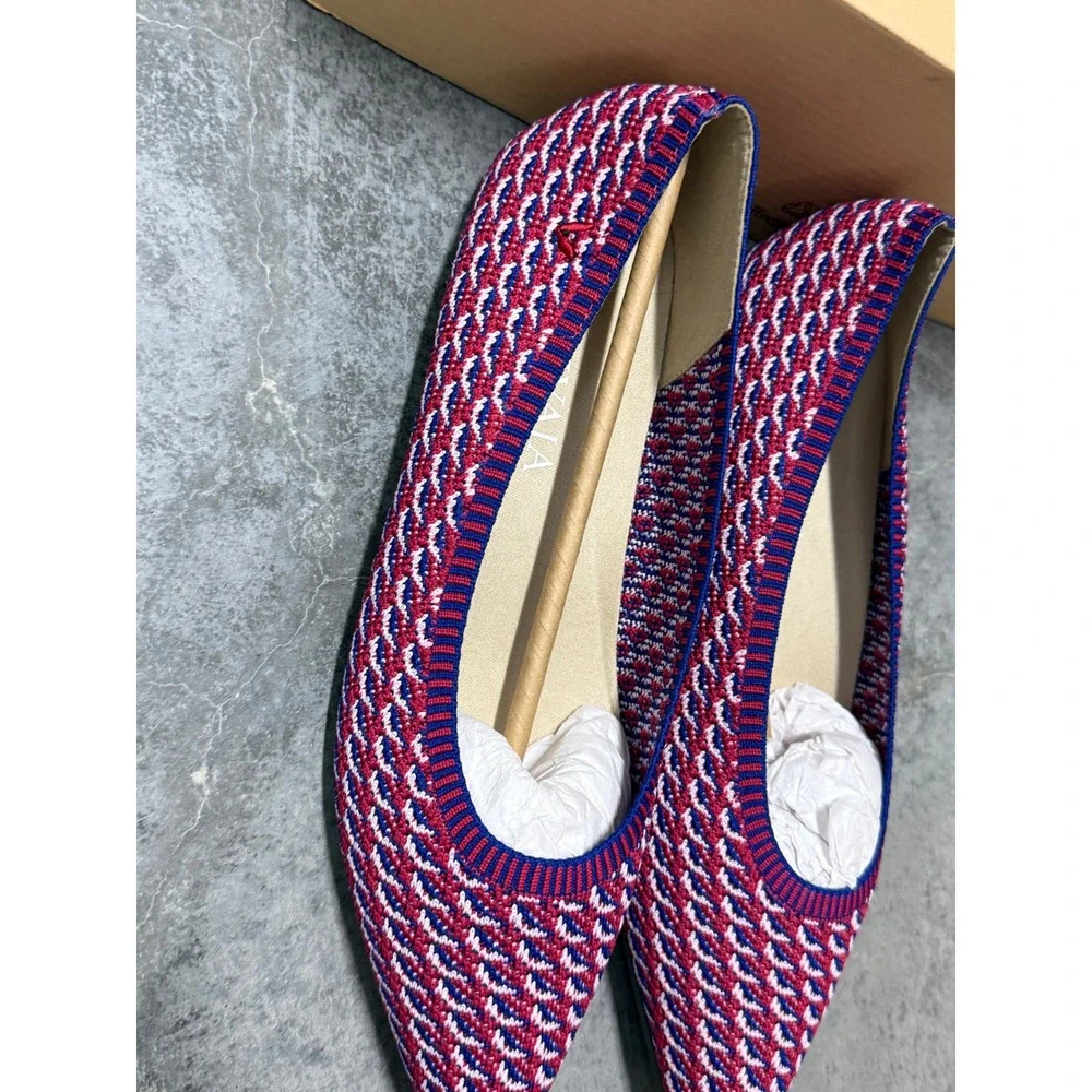 VIVAIA Aria Pointed Toe‎ Knit Flats Red Blue White Geometric Women Shoes US/ 9.5